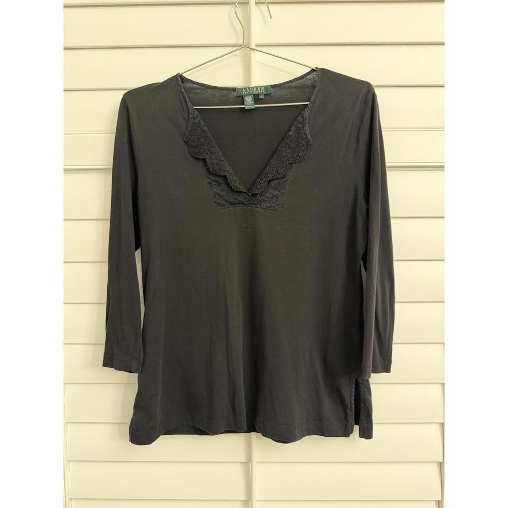 Lauren Ralph Lauren women's black lace-neck three-quarter sleeve top